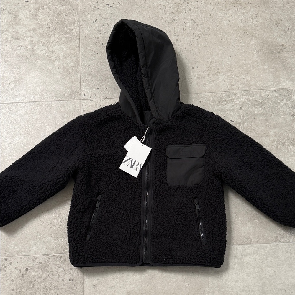Zara Black Fleece Hooded Jacket size 5 NWT